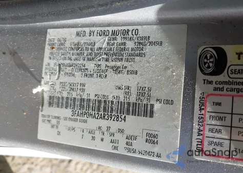 2010 Ford Fusion Se from USA, damaged, VIN 3FAHP0HA2AR392854
